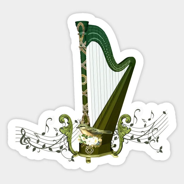 Celtic harp with celtic knot and flowers with bird Sticker by Nicky2342